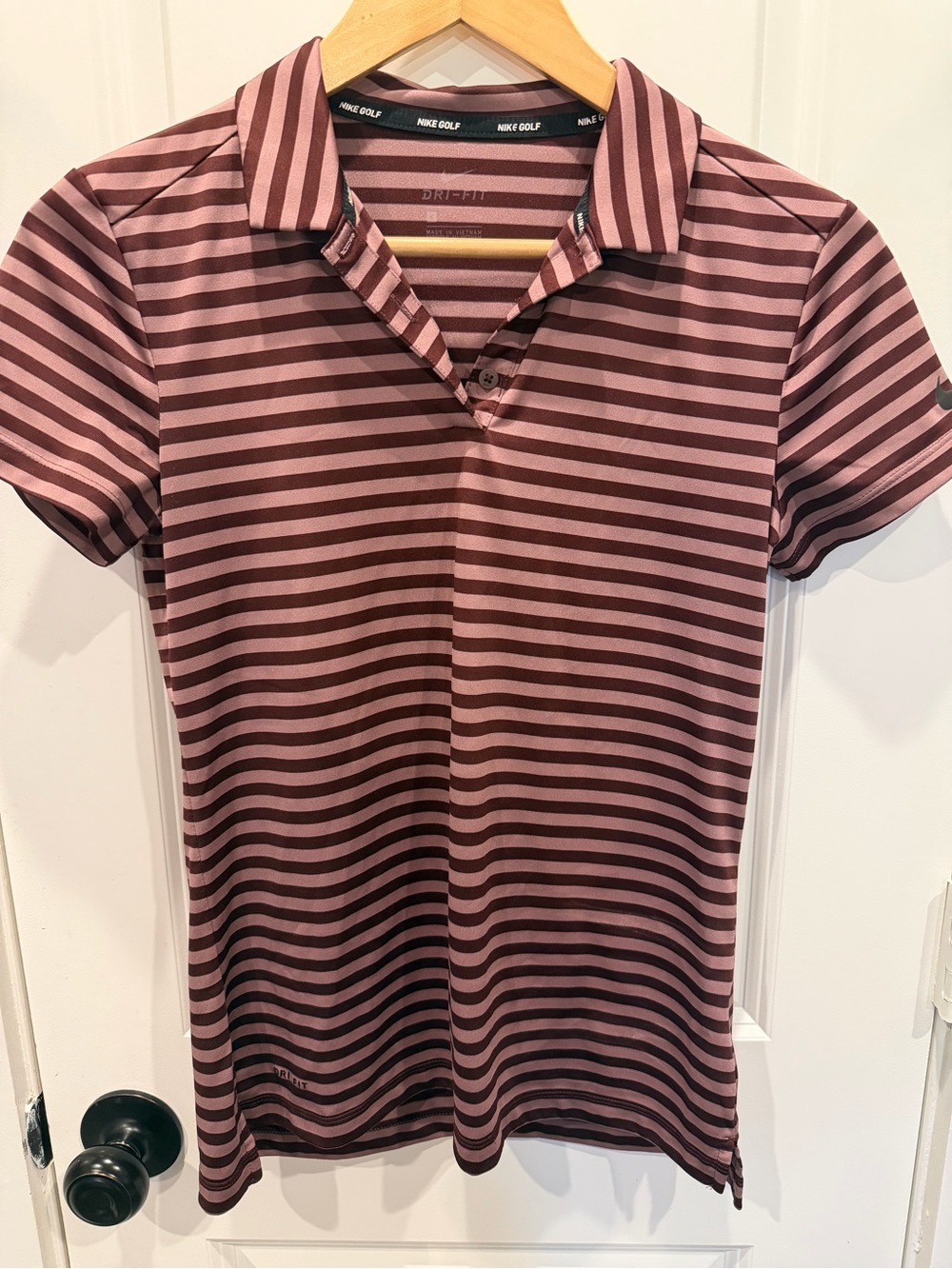 Nike Women's Pink and Brown Striped Short Sleeve Polo